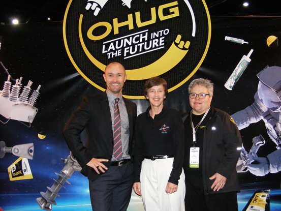Retired NASA astronaut Wendy B. Lawrence (centre) on NOJA Power’s NZ distributor OHUG’s space-themed stand at the EEA Conference with Glenn Harris of NOJA Power and OHUG’s Nan Russell
