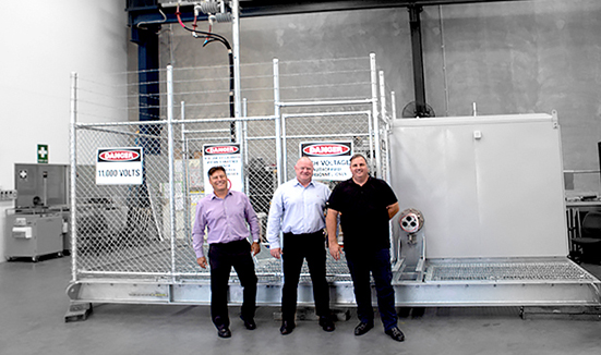 NOJA Power GMK (Right) commissioned in an Overhead to Underground Assembly.  Left to Right, Dean van Wijk (General Manager POWINS), Neil O’Sullivan (Group Managing Director NOJA Power), Julian Rauwendaal (Operations Manager QLD POWINS)